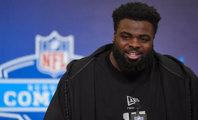 Texas Tech defensive lineman Lee Hunter (15) speaks during a press conference at the NFL football scouting combine in Indianapolis, Wednesday, Feb. 25, 2026. (AP Photo/Michael Conroy)