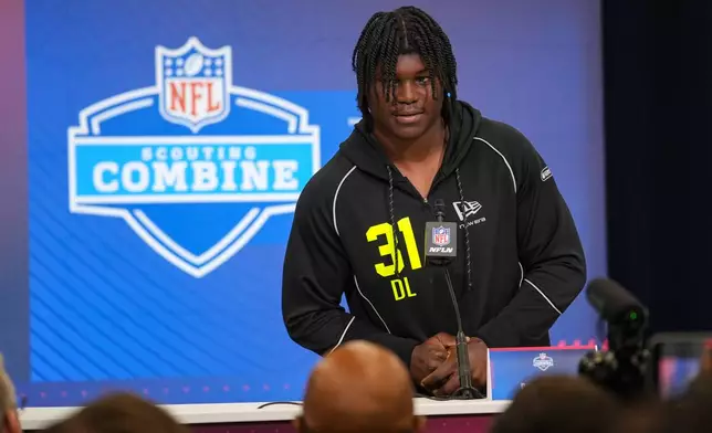 Texas Tech defensive lineman David Bailey (31) speaks during a press conference at the NFL football scouting combine in Indianapolis, Wednesday, Feb. 25, 2026. (AP Photo/Michael Conroy)