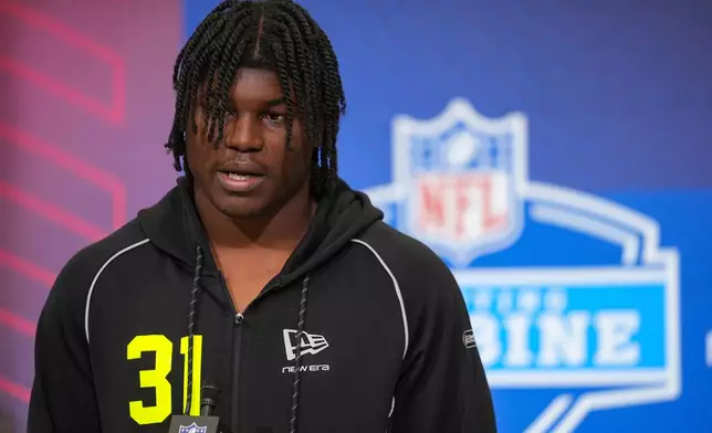 Texas Tech defensive lineman David Bailey (31) speaks during a press conference at the NFL football scouting combine in Indianapolis, Wednesday, Feb. 25, 2026. (AP Photo/Michael Conroy)