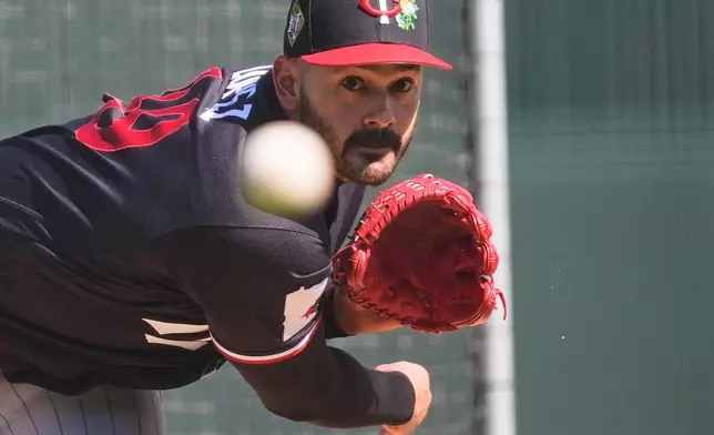 Minnesota Twins pitcher Pablo Lopez throws during a spring training baseball workout in Fort Myers, Fla., Monday, Feb. 16, 2026. (AP Photo/Gerald Herbert)