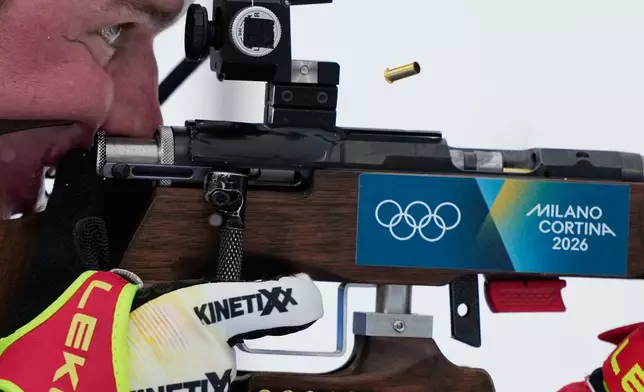 Johan-Olav Botn, of Norway, competes in the men's 4x7.5-kilometer relay biathlon race at the 2026 Winter Olympics in Anterselva, Italy, Tuesday, Feb. 17, 2026. (AP Photo/Mosa'ab Elshamy)