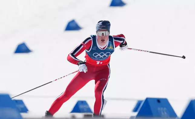 Einar Hedegart, of Norway, competes in the cross-country skiing men's team sprint free at the 2026 Winter Olympics, in Tesero, Italy, Wednesday, Feb. 18, 2026. (AP Photo/Kirsty Wigglesworth)