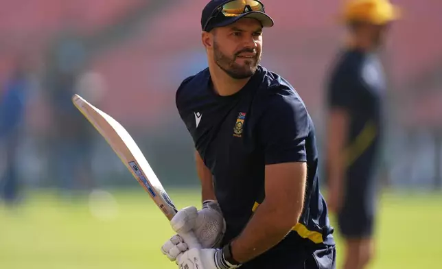 South Africa's captain Aiden Markram practice prior to start the match during the T20 World Cup cricket match between Afghanistan and South Africa in Ahmedabad, India, Wednesday, Feb. 11, 2026. (AP Photo/Ajit Solanki)