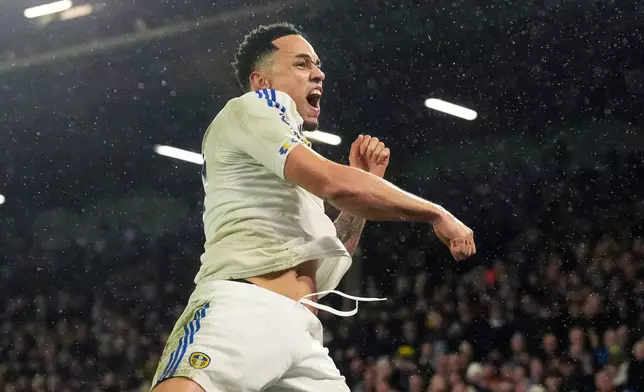Leeds United's Noah Okafor celebrates scoring their second goal during the English Premier League soccer match between Leeds United and Nottingham Forest in Leeds, England, Friday Feb. 6, 2026. (Danny Lawson/PA via AP)