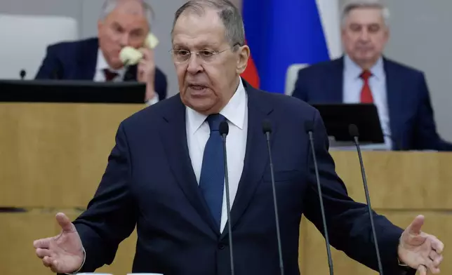 In this photo released by The State Duma, The Federal Assembly of The Russian Federation Press Service, Russian Foreign Minister Sergey Lavrov gestures as he delivers his speech at the State Duma, the Lower House of the Russian Parliament in Moscow, on Wednesday, Feb. 11, 2026. (The State Duma, The Federal Assembly of The Russian Federation Press Service via AP)