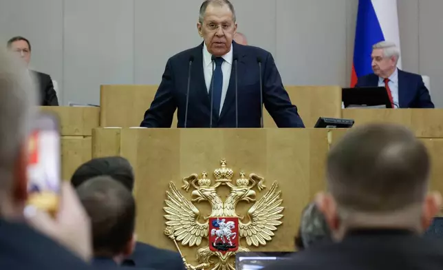 In this photo released by The State Duma, The Federal Assembly of The Russian Federation Press Service, Russian Foreign Minister Sergey Lavrov, centre, delivers his speech at the State Duma, the Lower House of the Russian Parliament in Moscow, on Wednesday, Feb. 11, 2026. (The State Duma, The Federal Assembly of The Russian Federation Press Service via AP)