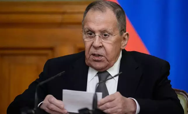 Russian Foreign Minister Sergey Lavrov speaks during a news conference following his meeting with OSCE Chairman-in-Office Ignazio Cassis and OSCE Secretary General Feridun H. Sinirlioglu at Zinaida Morozova's Mansion in Moscow, Friday, Feb. 6, 2026. (AP Photo/Alexander Zemlianichenko, Pool)