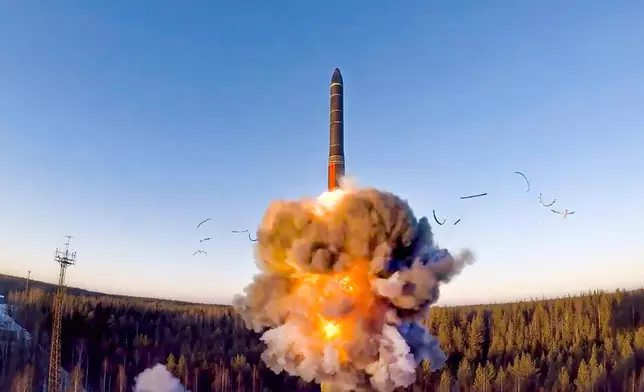 FILE - This photo taken from a video distributed on Dec. 9, 2020 by the Russian Defense Ministry Press Service, shows a rocket launch as part of a ground-based intercontinental ballistic missile test at the Plesetsk facility in northwestern Russia. (Russian Defense Ministry Press Service via AP, File)