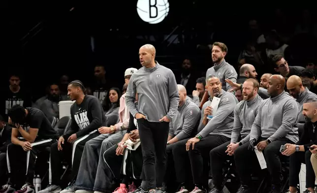 Brooklyn Nets head coach Jordi Fernandez looks on during the first half of an NBA basketball game against the Chicago Bulls, Monday, Feb. 9, 2026, in New York. (AP Photo/Yuki Iwamura)