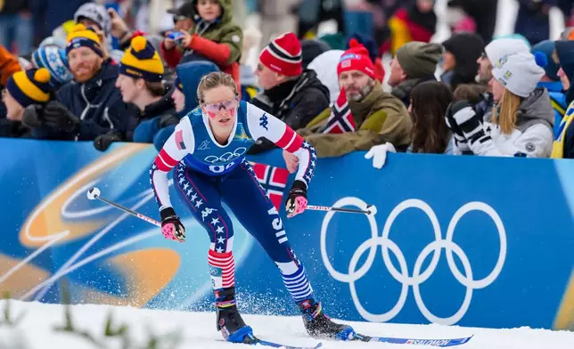 Jessie Diggins, of the United States, competes in the cross country skiing women's 4 x 7.5km relay at the 2026 Winter Olympics, in Tesero, Italy, Saturday, Feb. 14, 2026. (AP Photo/Kirsty Wigglesworth)