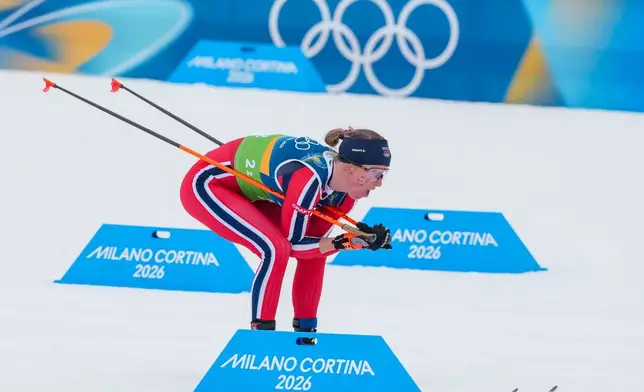 Astrid Oeyre Slind, of Norway, competes in the cross country skiing women's 4 x 7.5km relay at the 2026 Winter Olympics, in Tesero, Italy, Saturday, Feb. 14, 2026. (AP Photo/Kirsty Wigglesworth)