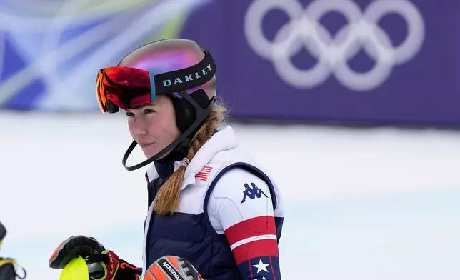 United States' Mikaela Shiffrin is seen ahead of the slalom portion of an alpine ski, women's team combined race, at the 2026 Winter Olympics, in Cortina d'Ampezzo, Italy, Tuesday, Feb. 10, 2026. (AP Photo/Andy Wong)