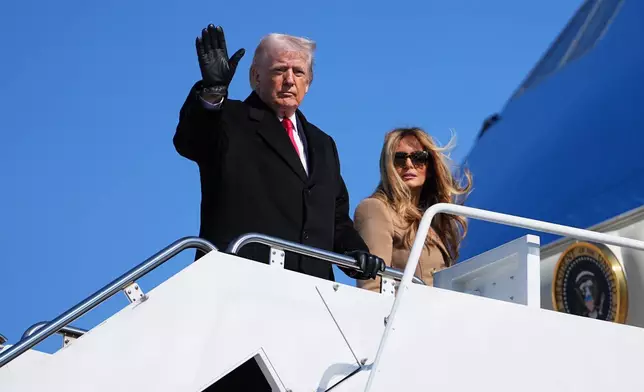 President Donald Trump and first lady Melania Trump, board Air Force One, at Joint Base Andrews, Md., Friday, Feb. 13, 2026, en route to Fort Bragg. (AP Photo/Matt Rourke)