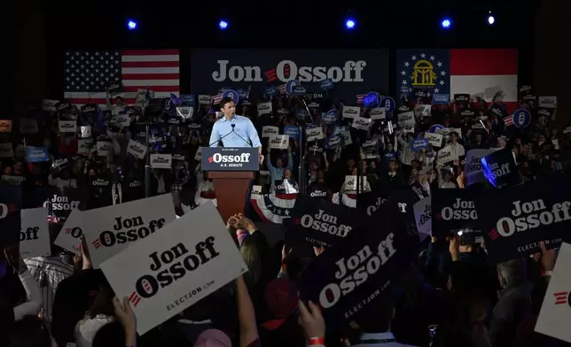 U.S. Sen. Jon Ossoff speaks during "Rally for Our Republic with U.S. Senator Jon Ossoff" at the Georgia International Convention Center, Saturday, Feb. 7, 2026, in College Park, Ga. (Hyosub Shin/Atlanta Journal-Constitution via AP)