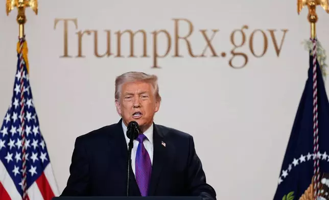 President Donald Trump speaks about TrumpRx in the South Court Auditorium in the Old Eisenhower Executive Office Building on the White House campus, Thursday, Feb. 5, 2026, in Washington. (AP Photo/Alex Brandon)