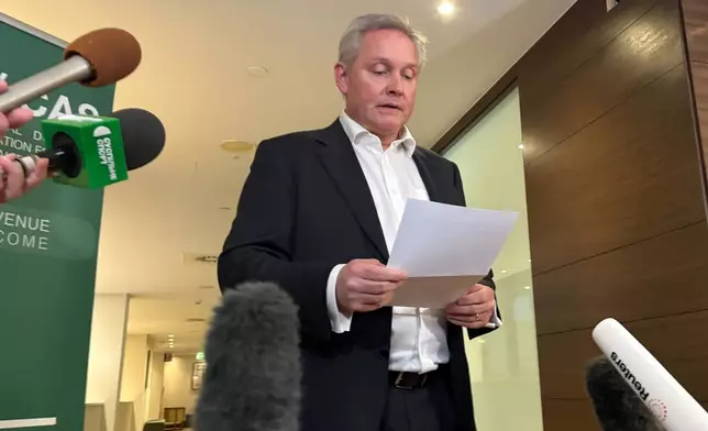 Matthieu Reeb, director general of CAS, the Court of Arbitration for Sport speaks after an appeal hearing, during the 2026 Winter Olympics, in Milan, Italy, Friday, Feb. 13, 2026. (AP Photo/Stefanie Dazio)