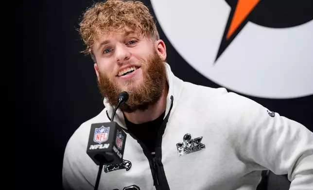 Seattle Seahawks wide receiver Cooper Kupp speaks during the NFL Super Bowl Opening Night, Monday, Feb. 2, 2026, in San Jose, Calif. ahead of the Super Bowl 60 football game between the New England Patriots and the Seattle Seahawks. (AP Photo/Brynn Anderson)