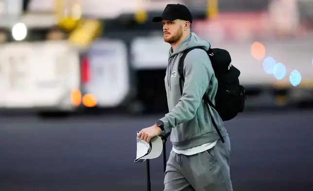 Seattle Seahawks quarterback Sam Darnold arrives, Sunday, Feb. 1, 2026, in San Jose, Calif. ahead of the Super Bowl 60 football game between the New England Patriots and the Seattle Seahawks. (AP Photo/Brynn Anderson)
