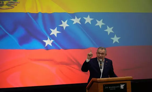 Venezuelan opposition politician Enrique Marquez speaks to the press in Caracas, Venezuela, Friday, Feb 27, 2026. (AP Photo/Ariana Cubillos)