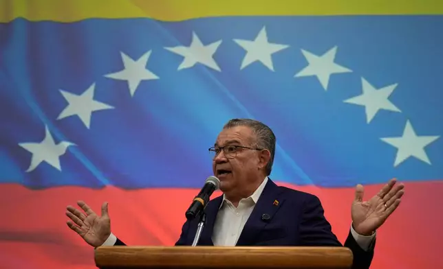 Venezuelan opposition politician Enrique Marquez speaks to the press in Caracas, Venezuela, Friday, Feb. 27, 2026. (AP Photo/Ariana Cubillos)