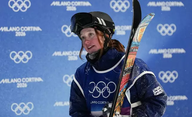 Britain's Kirsty Muir reacts after crashing during the women's freestyle skiing big air finals at the 2026 Winter Olympics, in Livigno, Italy, Monday, Feb. 16, 2026. (AP Photo/Gregory Bull)