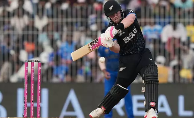 New Zealand's Tim Seifert plays a shot during the T20 World Cup cricket match between New Zealand and United Arab Emirates in Chennai, India, Tuesday, Feb. 10, 2026. (AP Photo/Mahesh Kumar A.)