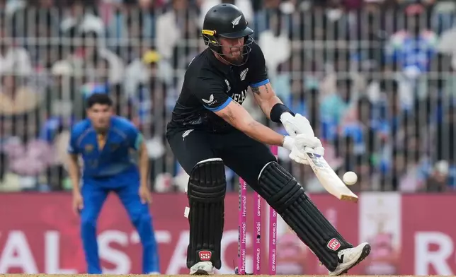 New Zealand's Finn Allen plays a shot during the T20 World Cup cricket match between New Zealand and United Arab Emirates in Chennai, India, Tuesday, Feb. 10, 2026. (AP Photo/Mahesh Kumar A.)