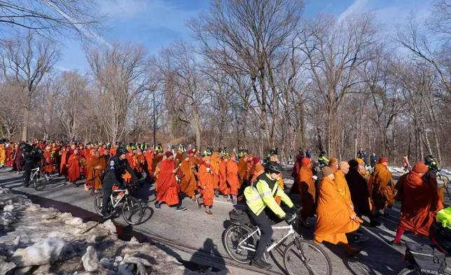 Buddhist monks who are participating in a Walk For Peace walk through a the streets of Washington, Tuesday, Feb. 10, 2026. (AP Photo/Jose Luis Magana)