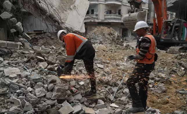 Gaza's civil defense teams work to recover the remains of members of the Abu Nada family, who remain trapped beneath the rubble of their four-story house after it was destroyed by an Israeli airstrike in December 2023, in Gaza City, Monday, Feb. 9, 2026. (AP Photo/Jehad Alshrafi)