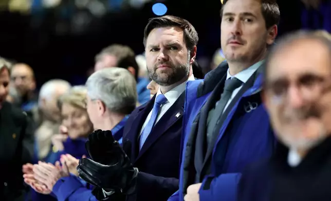 US Vice President JD Vance, center, attends the Olympic opening ceremony at the 2026 Winter Olympics, in Milan, Italy, Friday, Feb. 6, 2026. (Andreas Rentz/Pool Photo via AP)
