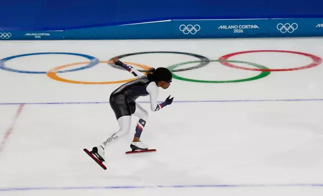 United States' Erin Jackson warms up during a speedskating training session at the 2026 Winter Olympics, in Milan, Italy, Thursday, Feb. 5, 2026. (AP Photo/Lee Jin-man)