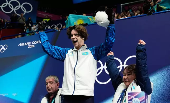 Mikhail Shaidorov of Kazakhstan competes during the men's free skate program in figure skating at the 2026 Winter Olympics, in Milan, Italy, Friday, Feb. 13, 2026. (AP Photo/Ashley Landis)
