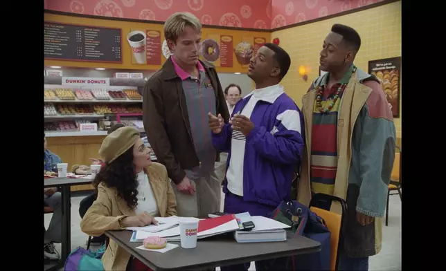 Jasmine Guy is joined by (from left) Ben Affleck, Alfonso Ribeiro and Jaleel White as the crew tries to crack the Fibonacci sequence in Good Will Dunkin’.