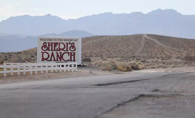A sign welcomes visitors to Sheri's Ranch, a brothel, on Thursday, Feb. 12, 2026, in Pahrump, Nev. (AP Photo/Ian Maule)