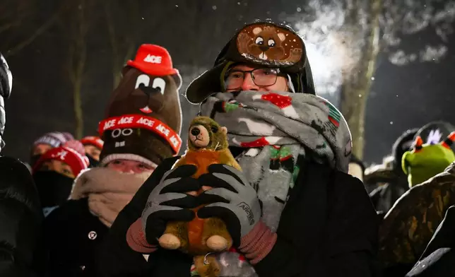 George Morar, of Youngstown, Ohio., celebrates while waiting for Punxsutawney Phil, the weather prognosticating groundhog, to come out and make his prediction during the 140th celebration of Groundhog Day on Gobbler's Knob in Punxsutawney, Pa., Monday, Feb. 2, 2026. (AP Photo/Barry Reeger)