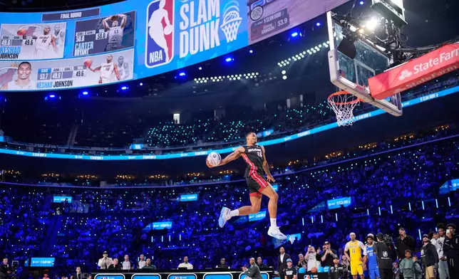 Miami Heat forward Keshad Johnson dunks during the slam dunk contest at the NBA basketball All-Star weekend festivities Saturday, Feb. 14, 2026, in Inglewood, Calif. (AP Photo/Mark J. Terrill)