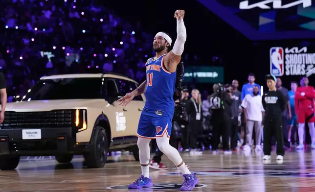 New York Knicks guard Jalen Brunson participates in the shooting stars competition at the NBA basketball All-Star weekend festivities Saturday, Feb. 14, 2026, in Inglewood, Calif. (AP Photo/Jae C. Hong)