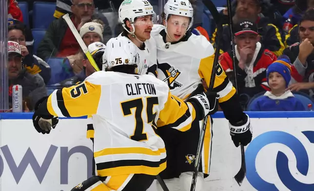 Pittsburgh Penguins center Ben Kindel (81) ,right, celebrates his goal with center Connor Dewar (19) ,center, and defenseman Connor Clifton (75) ,left, during the second period of an NHL hockey game against the Buffalo Sabres Thursday, Feb. 5, 2026, in Buffalo, N.Y. (AP Photo/Jeffrey T. Barnes)