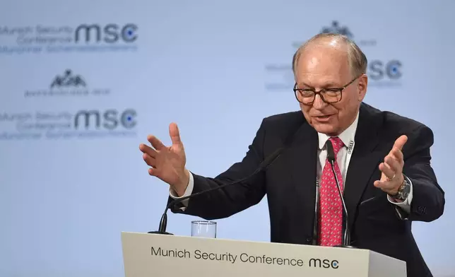 FILE - Chairman of the conference, Wolfgang Ischinger, speaks at the Security Conference in Munich, Germany, Saturday, Feb. 17, 2018. (Andreas Gebert/dpa via AP, File)