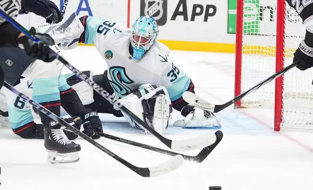Seattle Kraken goaltender Joey Daccord (35) guards his net during the second period of an NHL hockey game against the Los Angeles Kings Wednesday, Feb. 4, 2026, in Los Angeles. (AP Photo/Jae C. Hong)