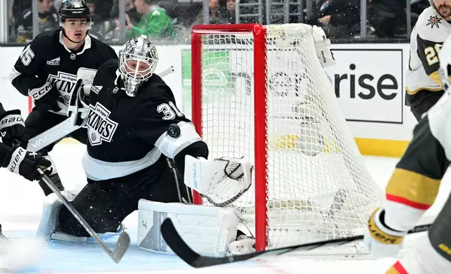 Los Angeles Kings goaltender Anton Forsberg #31 can't make the save on a shot by the Vegas Golden Knights in the first period of an NHL hockey game Wednesday, February 25, 2026, in Los Angeles. (AP Photo/Wally Skalij)