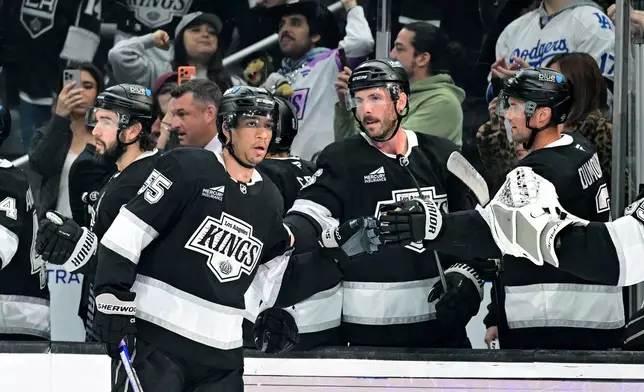 Los Angeles Kings right wing Quinton Byfield (55) celebrates his goal against the Vegas Golden Knights in the first period of an NHL hockey game, Wednesday, Feb. 25, 2026, in Los Angeles. (AP Photo/Wally Skalij)