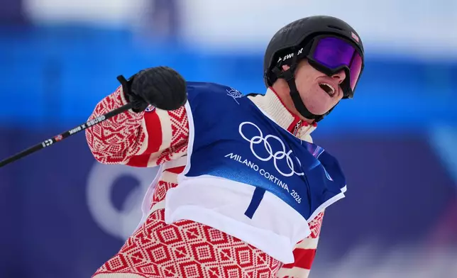 Norway's Birk Ruud celebrates his run during the men's freestyle skiing slopestyle finals at the 2026 Winter Olympics, in Livigno, Italy, Tuesday, Feb. 10, 2026. (AP Photo/Abbie Parr)