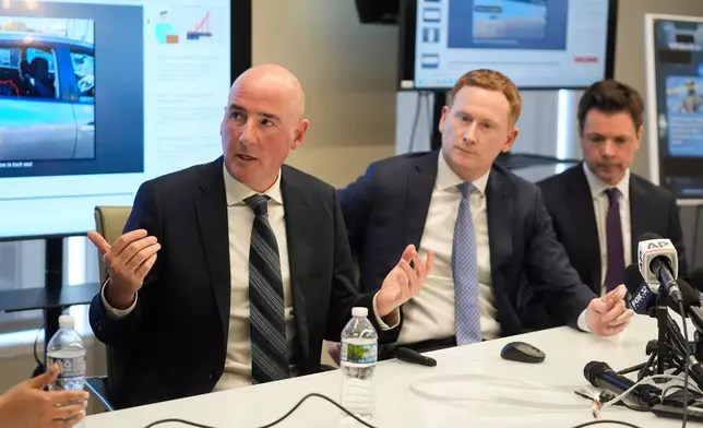 Attorney Christopher Parente speaks during a press conference with his client Marimar Martinez, a Chicago woman who was shot by a Border Patrol agent last year, Wednesday, Feb. 11, 2026, in Chicago. (AP Photo/Erin Hooley)