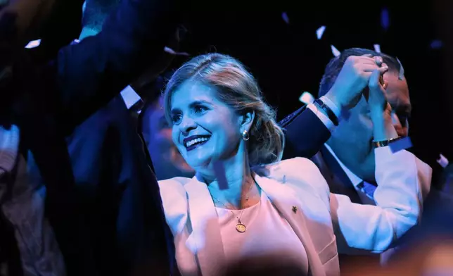 Presidential candidate Laura Fernández addresses supporters after polls closed in San Jose, Costa Rica, Sunday, Feb. 1, 2026. (AP Photo/Carlos Borbon)