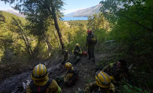 Firefighters battle wildfires in Los Alerces National Park, Argentina, Saturday, Jan. 31, 2026. (AP Photo/Victor R. Caivano)