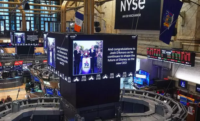 Video screens above trading posts the floor of the New York Stock Exchange display a congratulatory message to Disney parks chief Josh D'Amaro named as its next CEO, succeeding Bob Iger, Tuesday, Feb. 3, 2026. (AP Photo/Richard Drew)