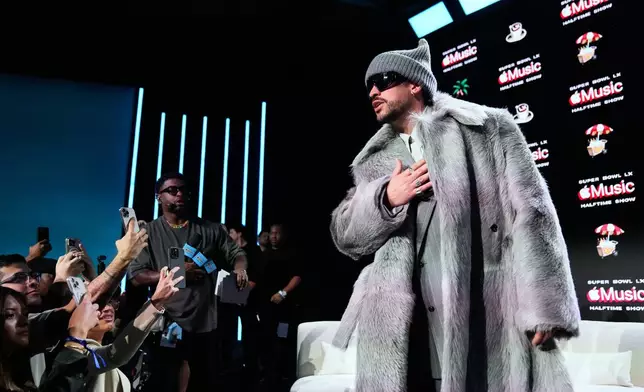 Apple Music Super Bowl LX Halftime Show performer Bad Bunny speaks to the crowd after a news conference, Thursday, Feb. 5, 2026, in San Francisco ahead of the NFL Super Bowl 60 football game between the Seattle Seahawks and the New England Patriots. (AP Photo/Godofredo A. Vásquez)