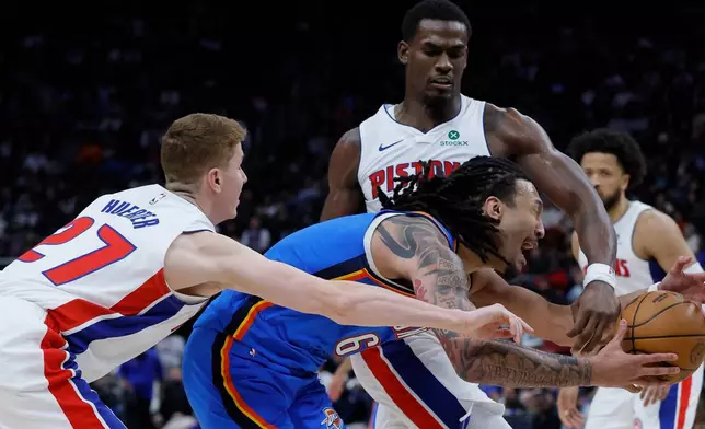 Oklahoma City Thunder forward Jaylin Williams (6) is fouled by Detroit Pistons center Jalen Duren, rear, with guard Kevin Huerter (27) helping defend during the second half of an NBA basketball game, Wednesday, Feb. 25, 2026, in Detroit. (AP Photo/Duane Burleson)