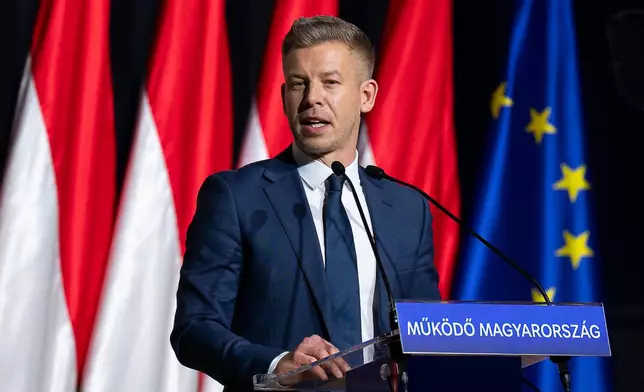 Péter Magyar, leader of the opposition Tisza party who will challenge Prime Minister Viktor Orbán in national elections on April 12, speaks during the party's campaign opener event in Budapest, Hungary on Sunday, Feb. 15, 2026. (AP Photo/Denes Erdos)